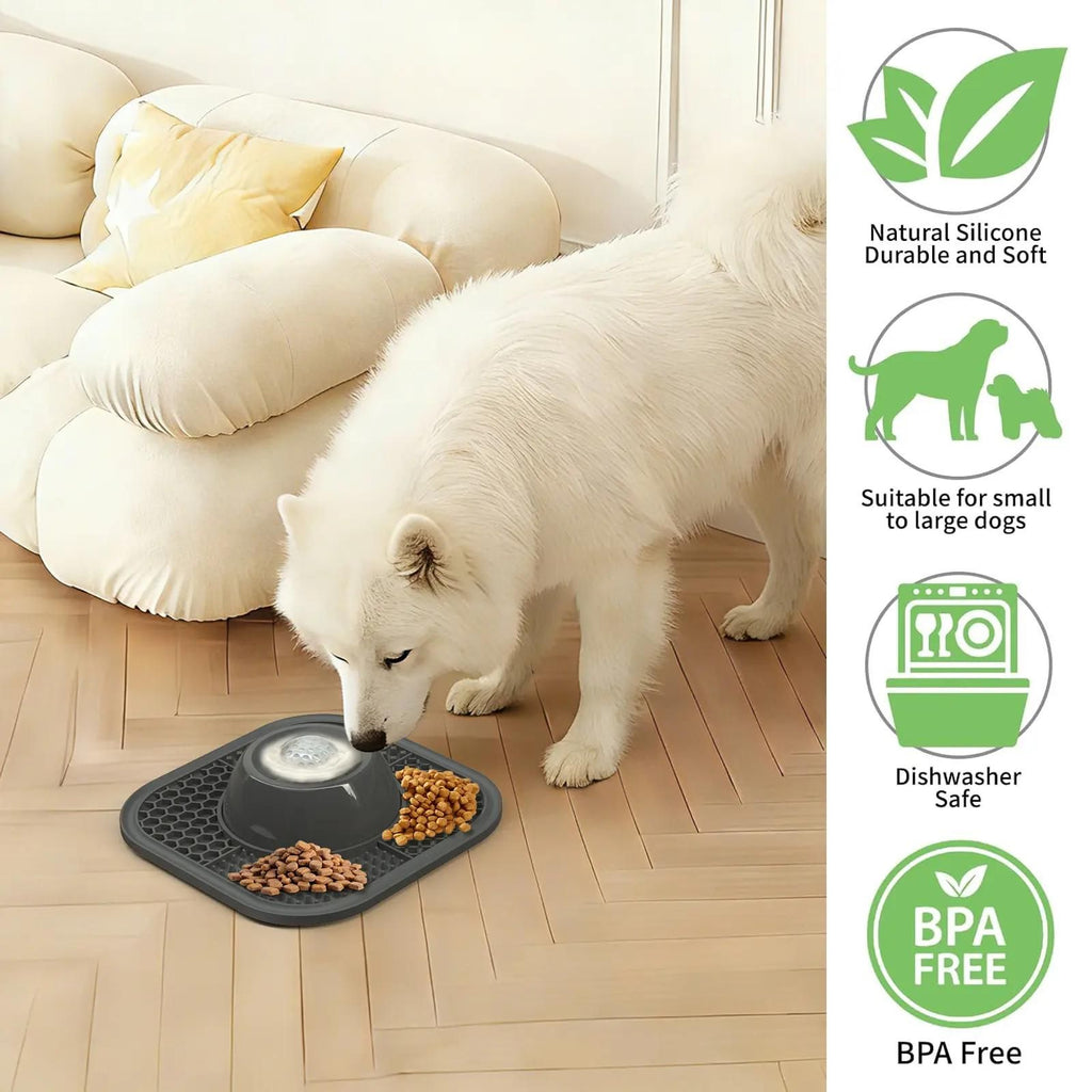 Grey Slow Feeder Dog Bowl and Lick Mat Set - Food Grade Silicone Non Slip Feeding Mat with Interactive Rolling Ball Toy for Dogs and Cats