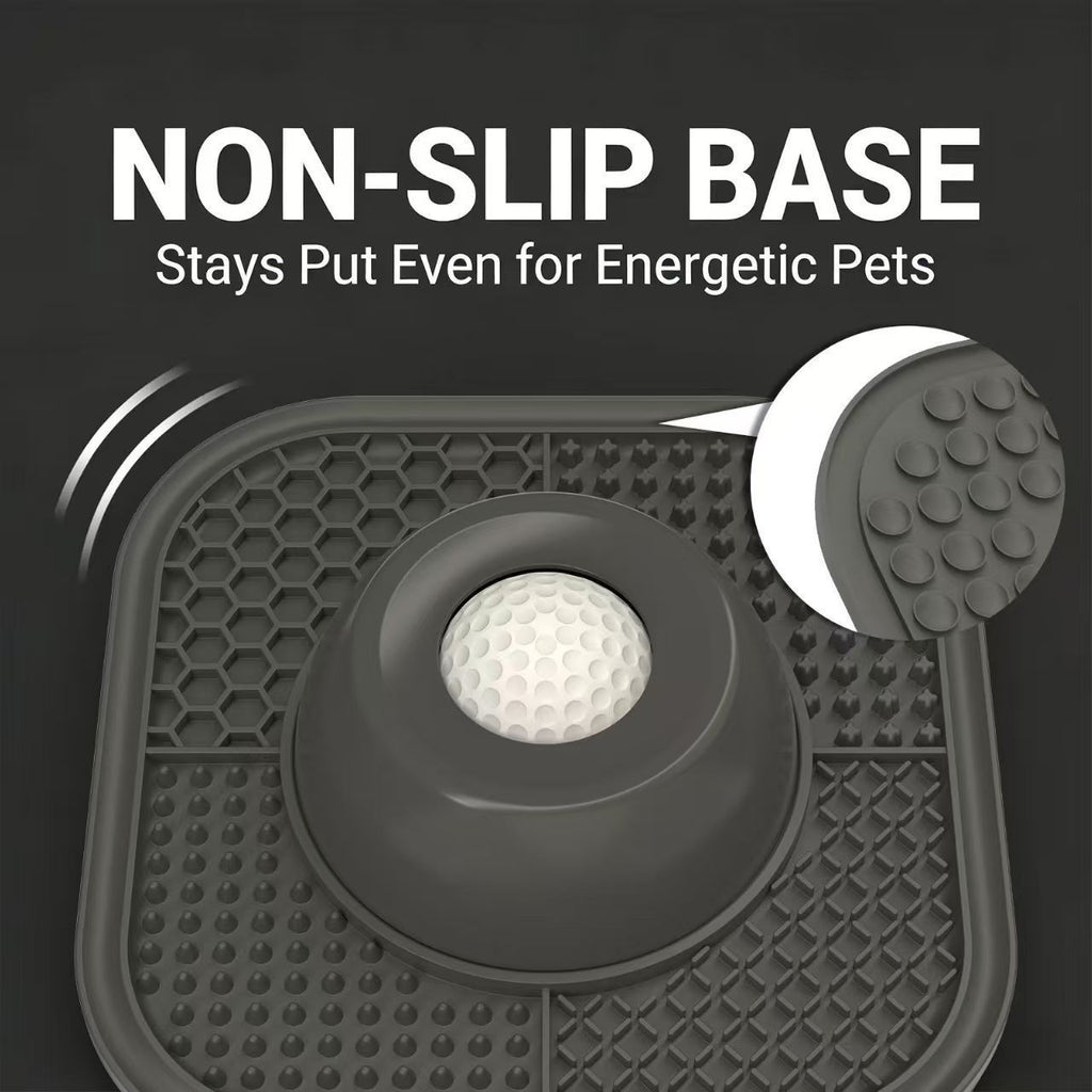 Grey Slow Feeder Dog Bowl and Lick Mat Set - Food Grade Silicone Non Slip Feeding Mat with Interactive Rolling Ball Toy for Dogs and Cats